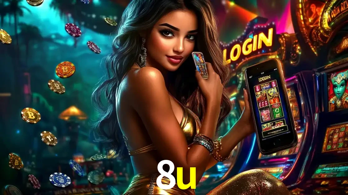 Mulher em um cenário de cassino temático de aventura, mostrando o app de caça-níqueis da 8u no celular. Fichas de apostas flutuam ao redor.