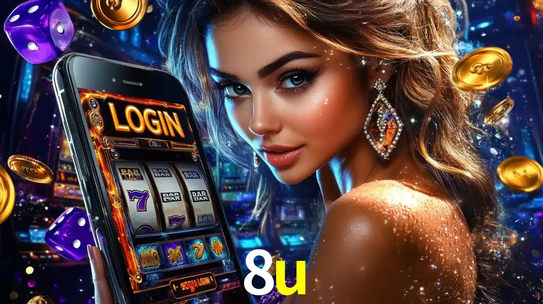 Mulher glamorosa segurando um smartphone com a tela de login para os jogos de caça-níqueis do cassino online 8u, com moedas de ouro e dados ao redor.