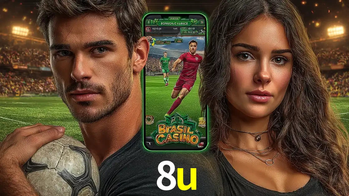 Homem segurando uma bola de futebol e uma mulher ao lado de um smartphone exibindo o jogo de apostas esportivas da 8u. Faça seu palpite no cassino online.